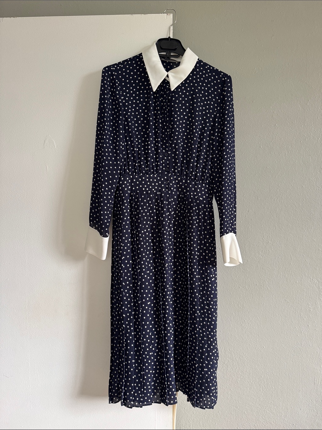 Zara Navy Polka Dot Long Sleeve Dress With White Collar And Cuffs